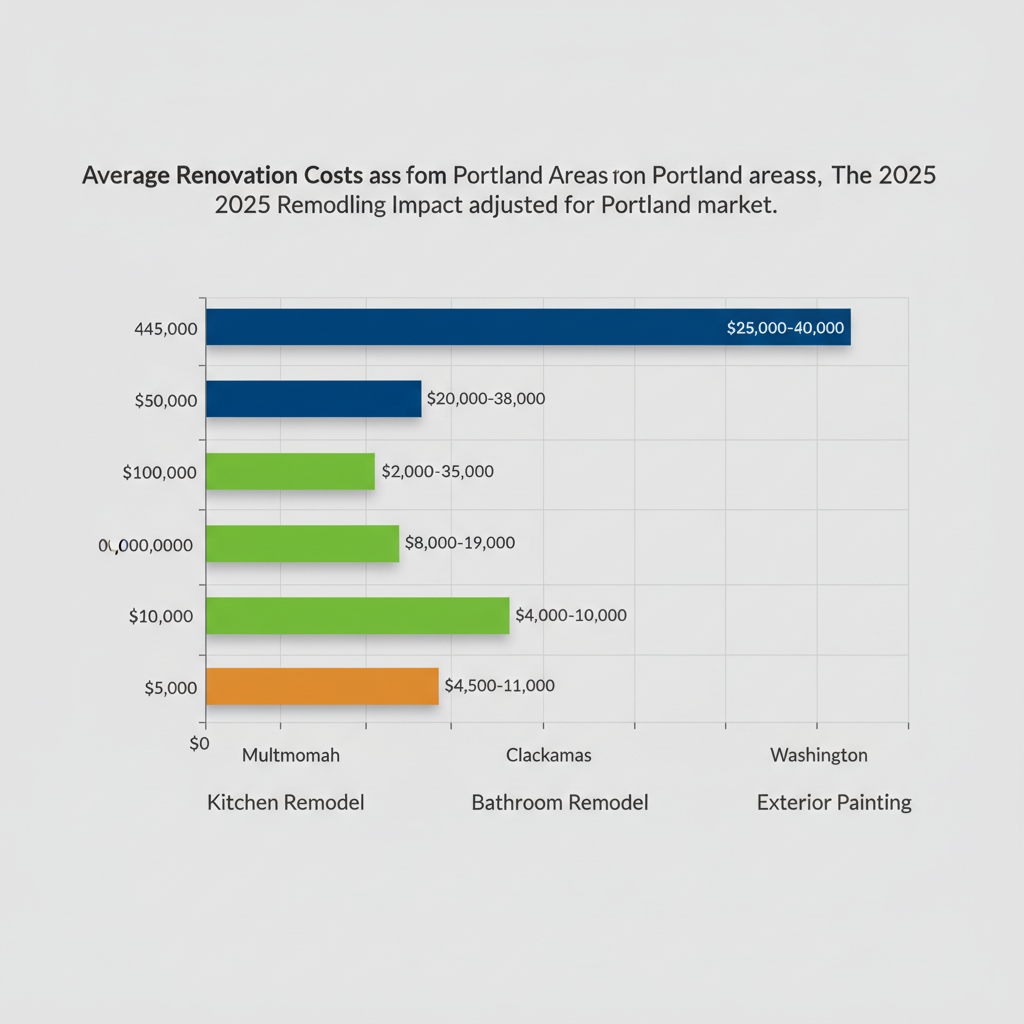 Horizontal bar chart comparing average costs for kitchen remodel, bathroom remodel, and exterior painting in Multnomah, Clackamas, and Washington counties near Portland.