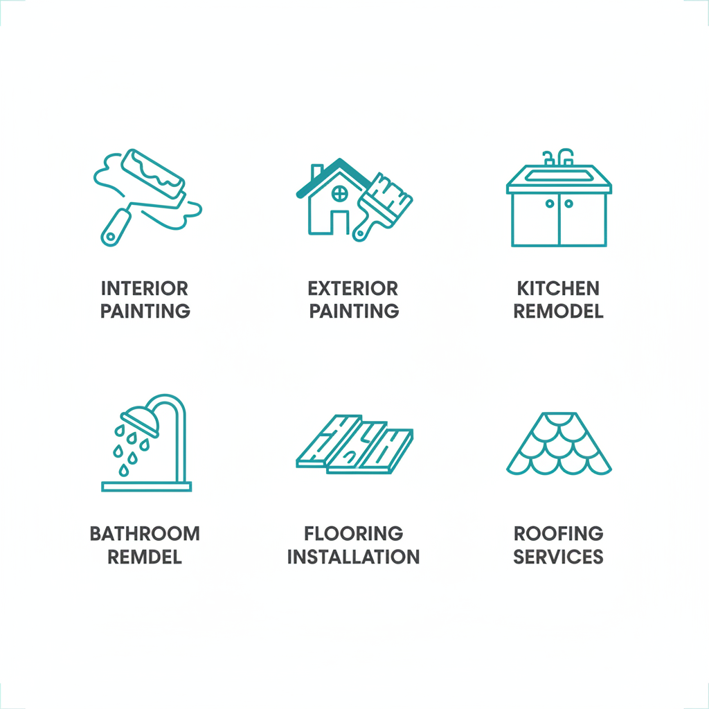 Grid of icons showing J & J renovation services: interior and exterior painting, kitchen and bathroom remodels, flooring, and roofing.