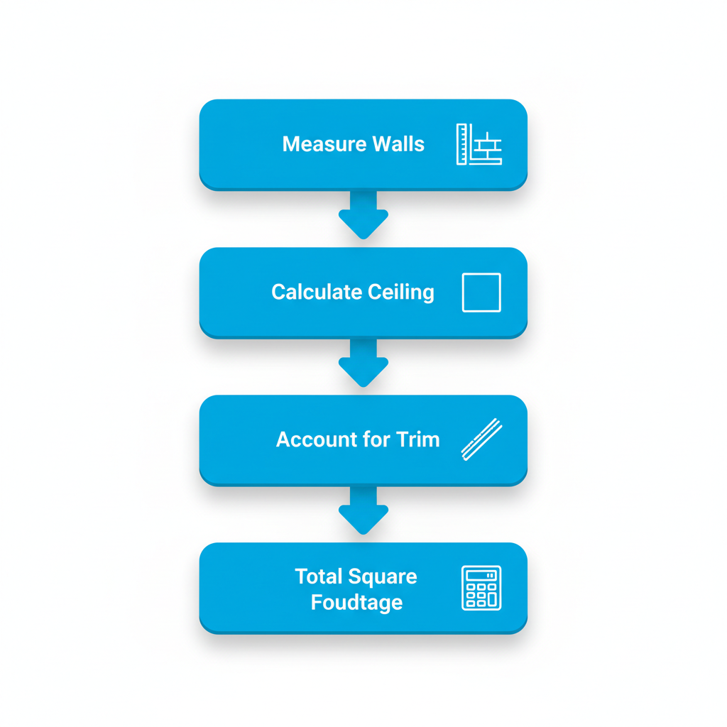 Vertical process flow diagram showing steps to measure interior painting space accurately, including walls, ceiling, trim, and total footage with icons.