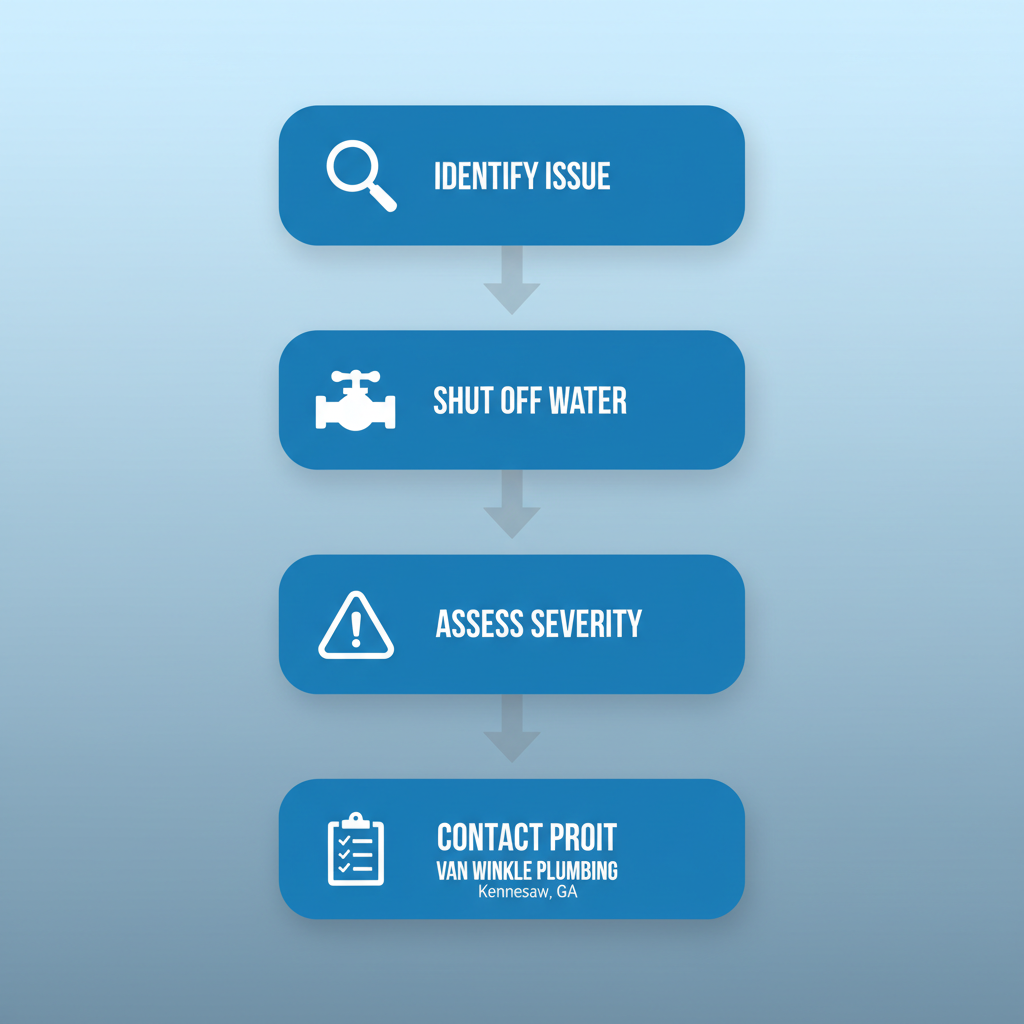 Vertical process flow illustrating five steps to address pipe issues in Kennesaw homes, featuring icons and simple labels