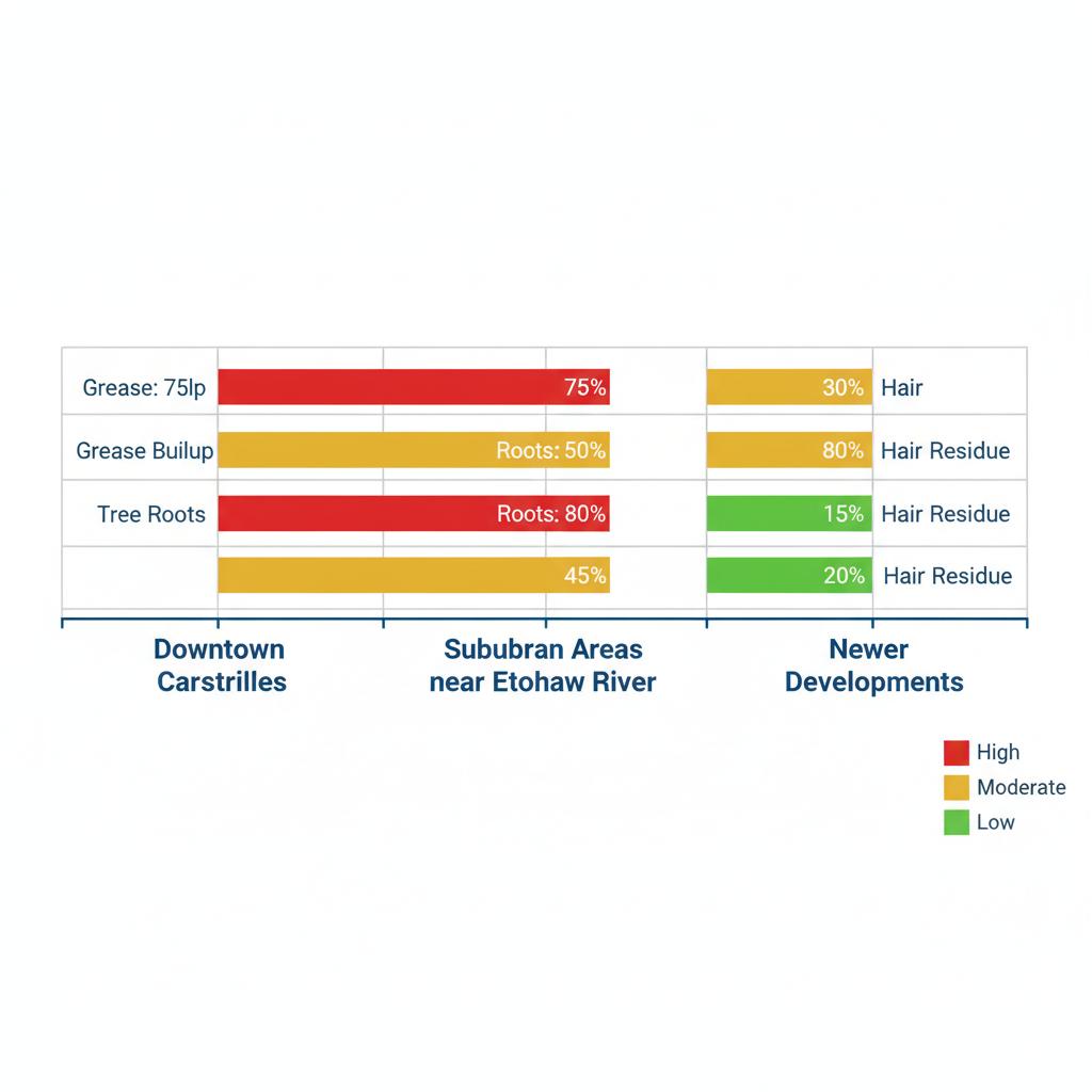 Horizontal bar chart depicting frequency levels of common plumbing clogs such as grease buildup, tree roots, and hair residue across Cartersville neighborhoods, using color-coded bars for risk assessment.