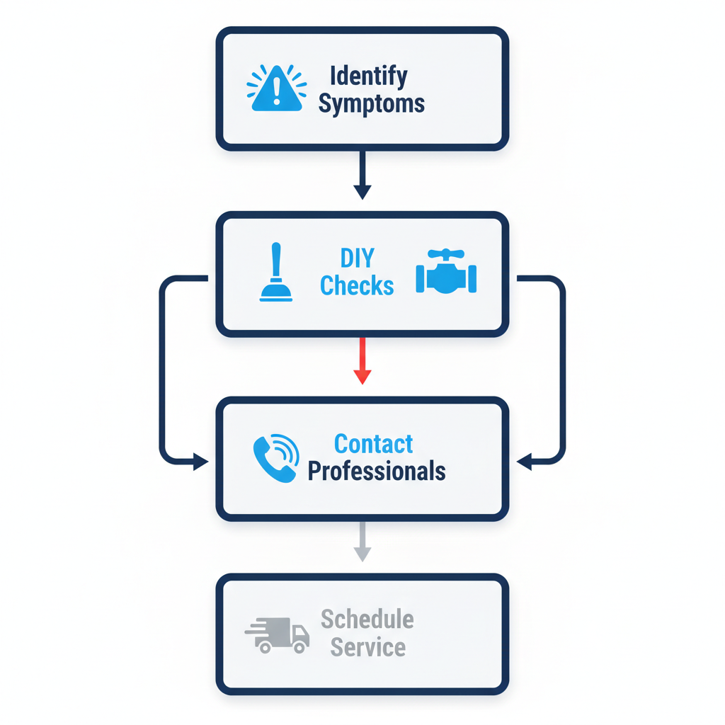 Vertical process flow diagram illustrating five steps to address clogged drains with icons and labels