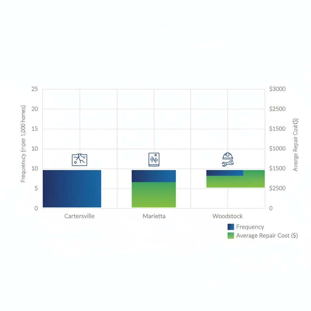 Horizontal bar chart comparing frequency and repair costs of plumbing issues in Cartersville, Marietta, and Woodstock areas.