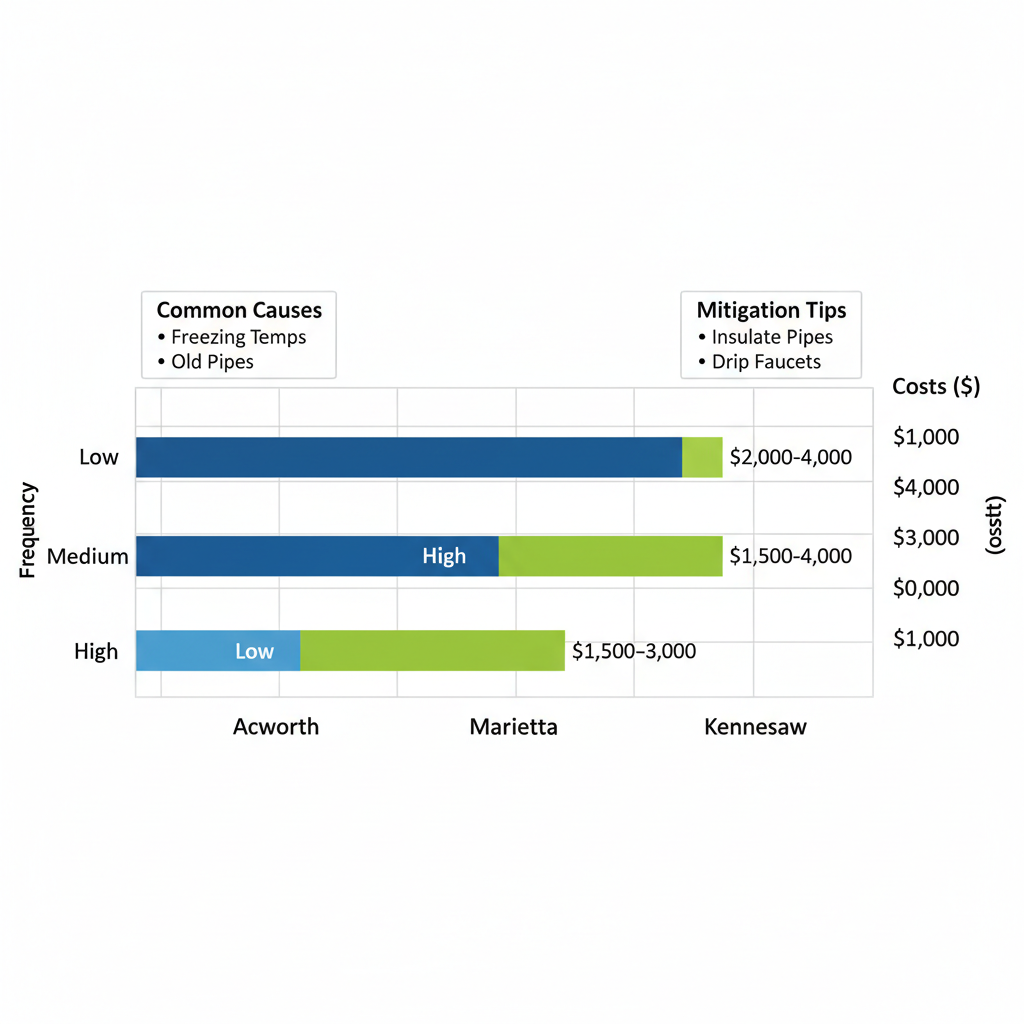 Horizontal bar chart comparing burst pipe frequency and damage costs across Acworth, Marietta, and Kennesaw areas