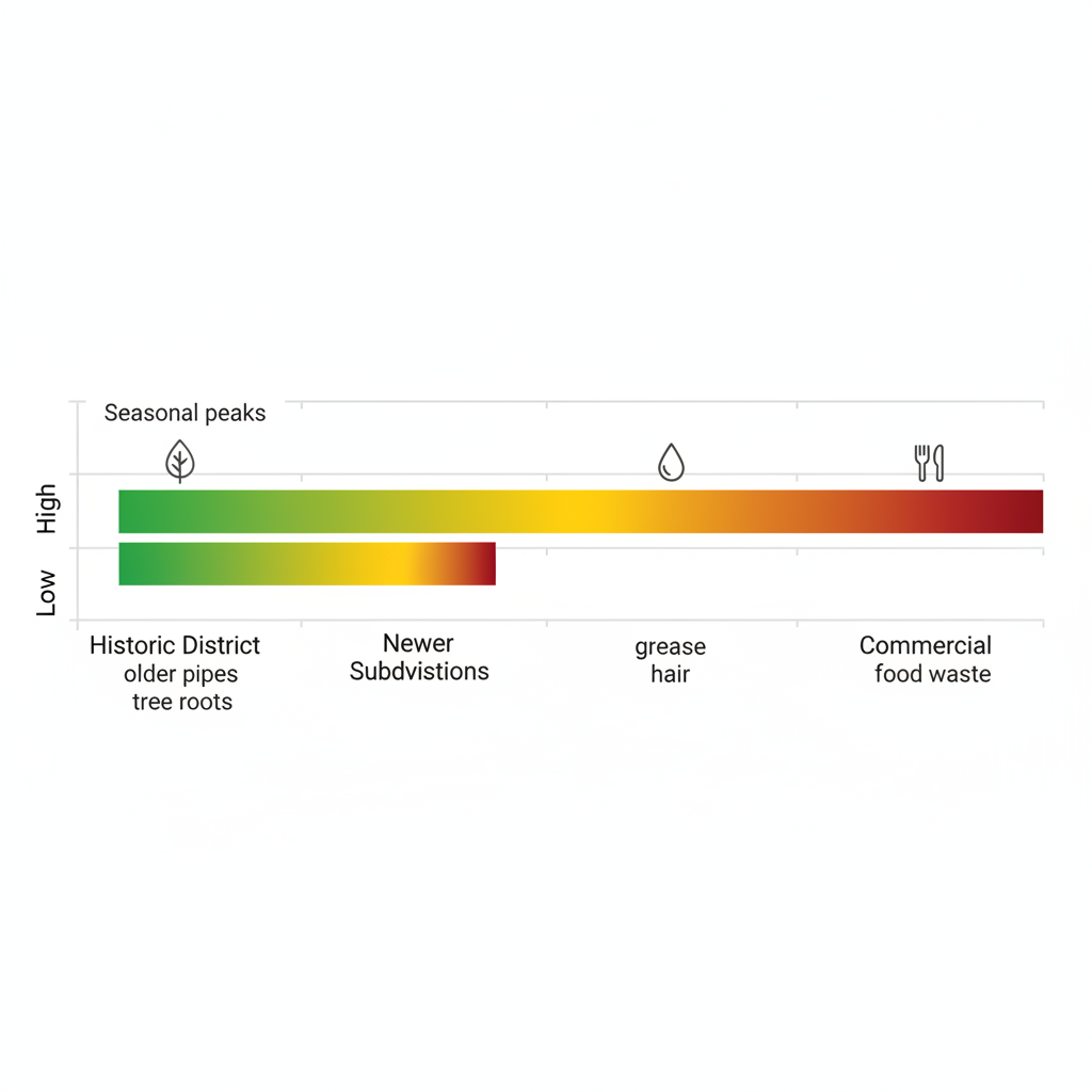 Horizontal bar chart showing drain clog severity levels across Kennesaw neighborhoods with color-coded bars and cause labels.