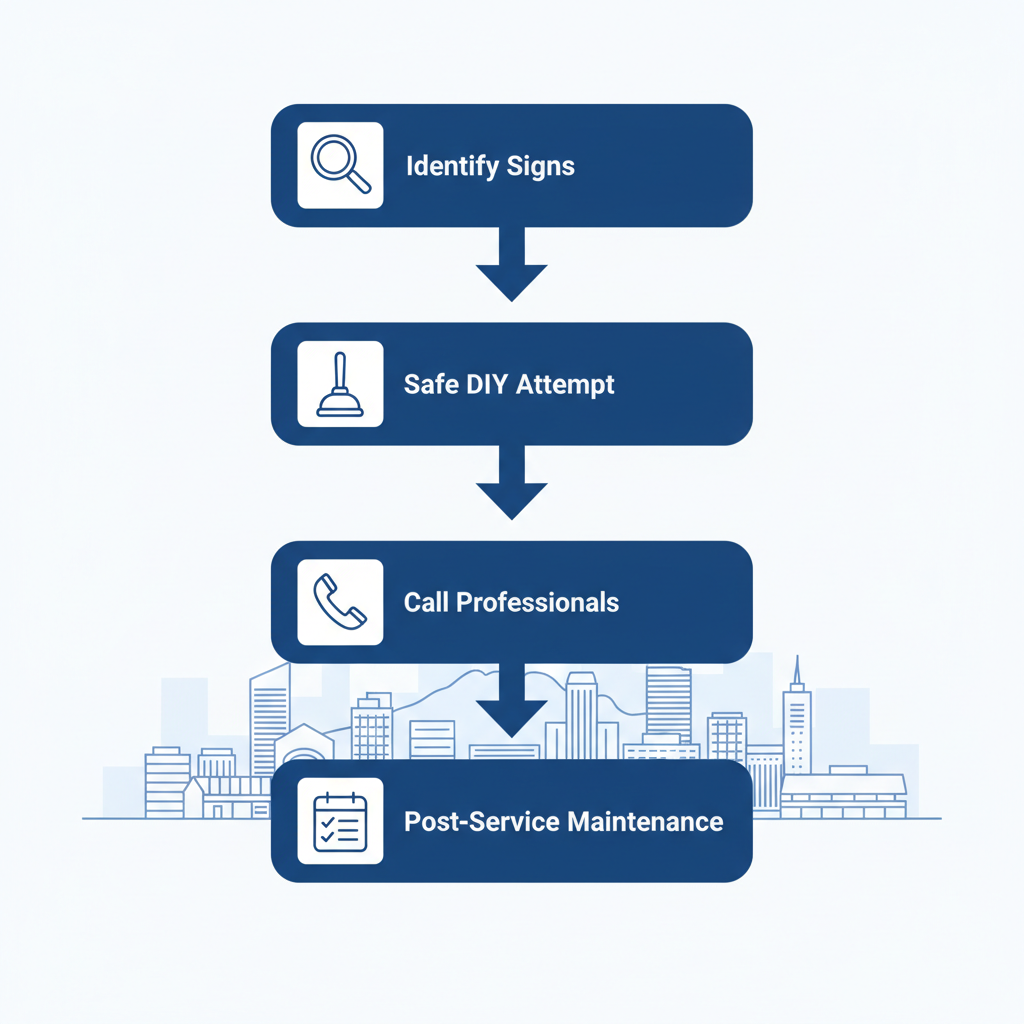 Vertical process flow diagram illustrating five steps to address drain clogs in Kennesaw homes using icons and simple labels.