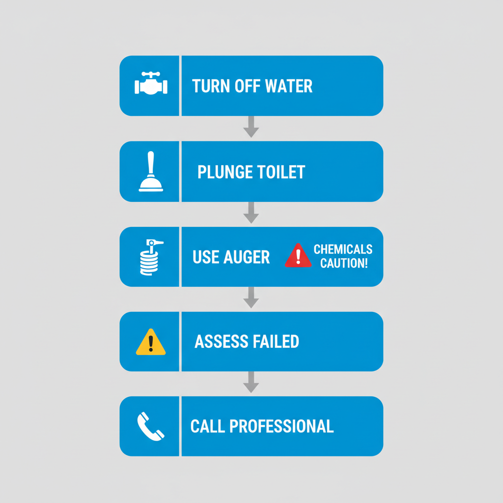 Vertical process flow diagram showing five steps to fix a clogged toilet with icons and minimal labels