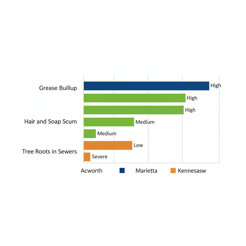 Horizontal bar chart comparing frequency of drain clog causes in Acworth, Marietta, and Kennesaw areas