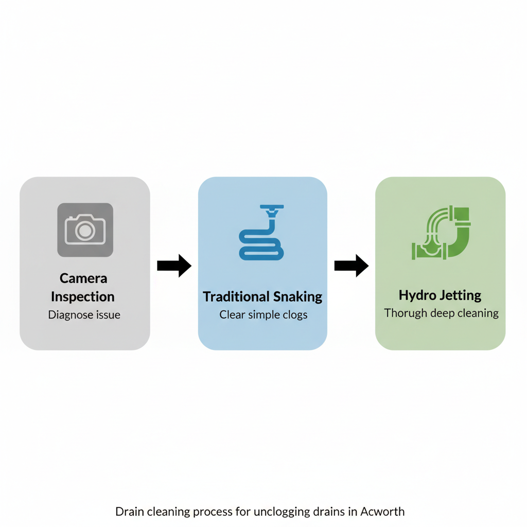 Horizontal illustration of drain cleaning process: camera inspection, snaking, and hydro jetting steps.