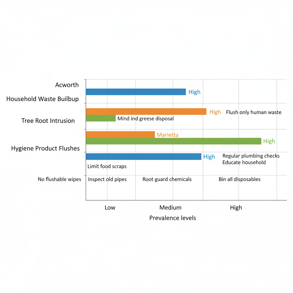 Horizontal bar chart comparing common toilet backup causes and prevalence in Acworth, Marietta, and Kennesaw with prevention tips.