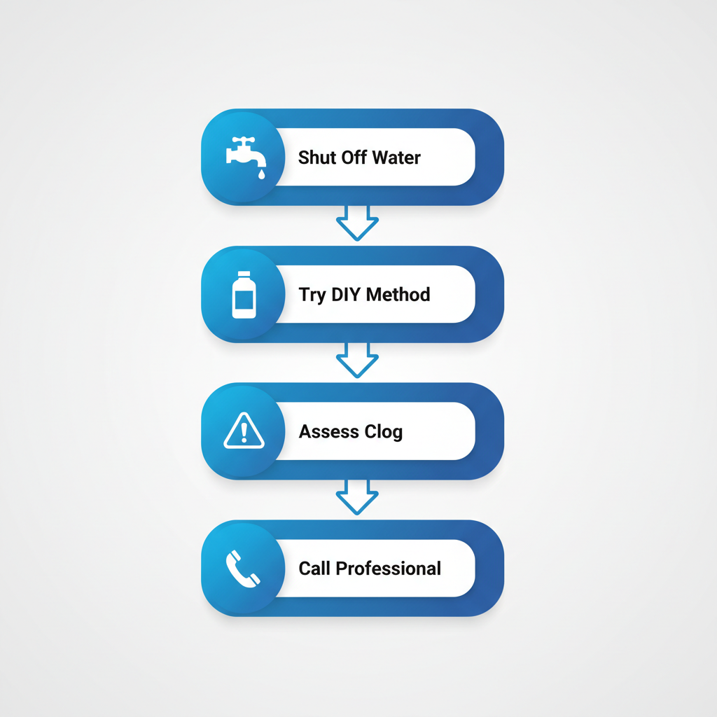 Vertical process flow diagram showing four steps to resolve a backed up toilet: shut off water, try DIY method, assess clog, and call professional service.