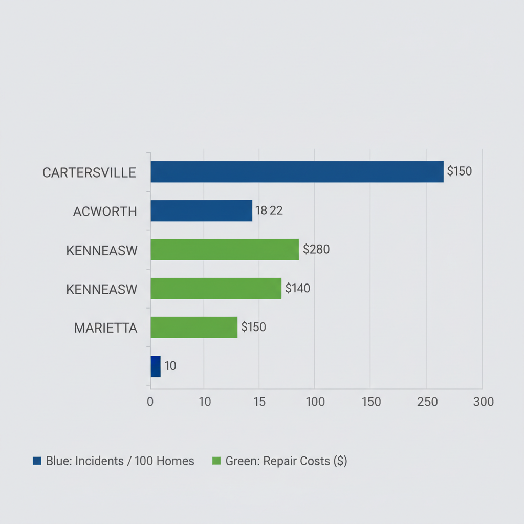 Horizontal bar chart comparing prevalence of running toilets and associated repair costs across Atlanta metro areas: Cartersville, Acworth, Kennesaw, and Marietta.