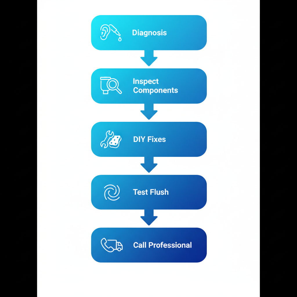 Vertical process flow diagram illustrating five steps to diagnose and fix running toilets, from initial diagnosis to calling a professional.