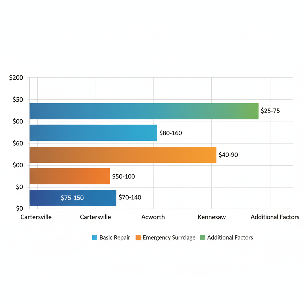Horizontal bar chart comparing leaky faucet repair costs across Cartersville, Acworth, and Kennesaw with basic, emergency, and additional factor ranges.