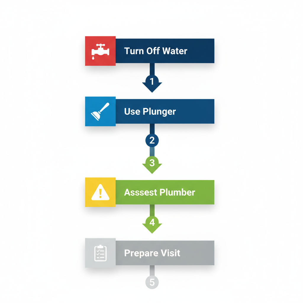 Vertical process flow diagram showing five steps to address toilet drain problems: turn off water, use plunger, assess severity, contact plumber, and prepare for visit.