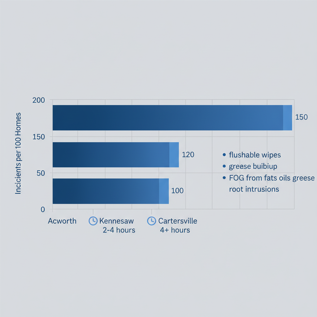 Horizontal bar chart showing toilet clog frequencies in Acworth, Kennesaw, and Cartersville areas with causes and response times.