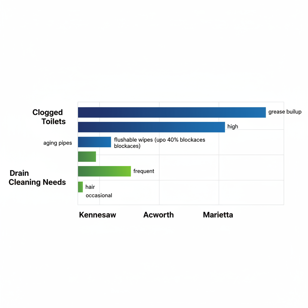 Horizontal bar chart showing prevalence of clogged toilets and drain cleaning needs across Kennesaw, Acworth, and Marietta areas