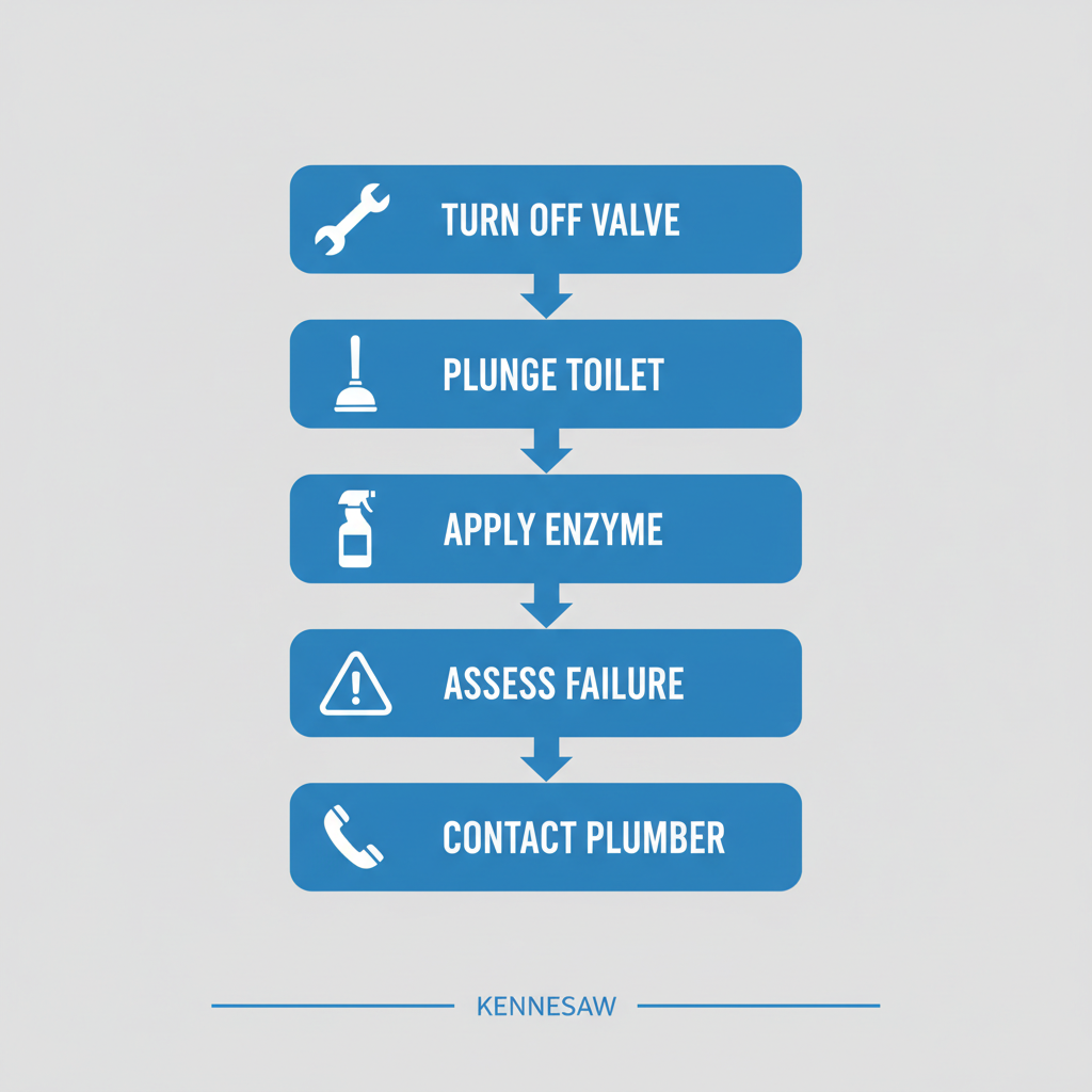 Vertical process flow diagram illustrating five steps for diagnosing and starting toilet repairs: turning off valve, plunging, applying enzyme cleaner, assessing DIY limits, and contacting a professional plumber.
