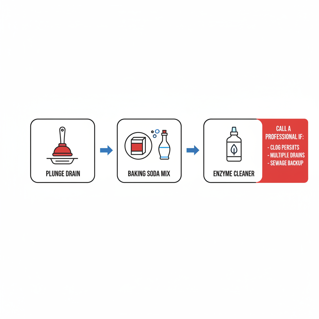 Horizontal process flow diagram illustrating three DIY steps for unclogging slow drains: plunging, baking soda and vinegar mixture, enzyme cleaner application, with safety warnings.