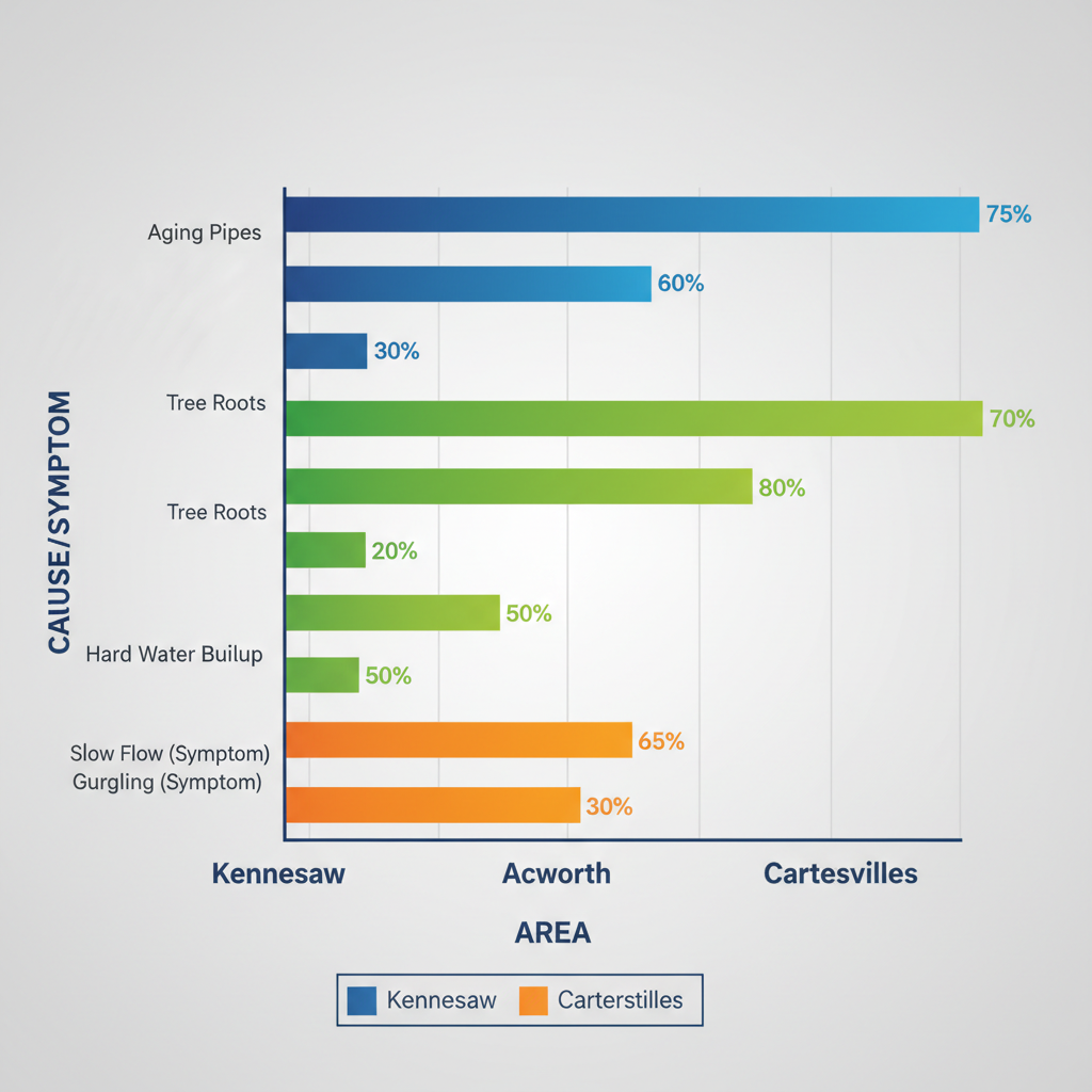 Horizontal bar chart comparing slow drain causes and symptoms in Kennesaw, Acworth, and Cartersville areas