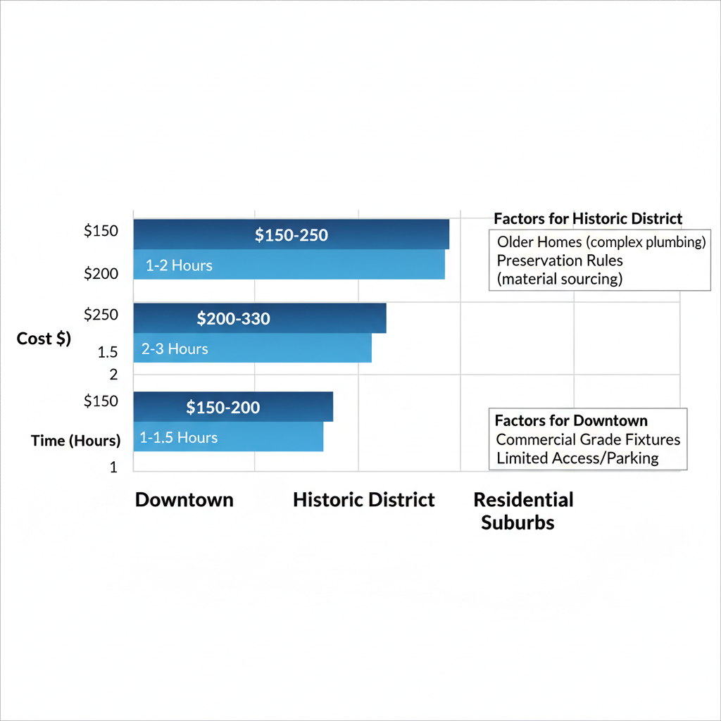 Horizontal bar chart comparing faucet replacement costs, times, and factors across Kennesaw sub-areas including Downtown, Historic District, and Residential Suburbs.
