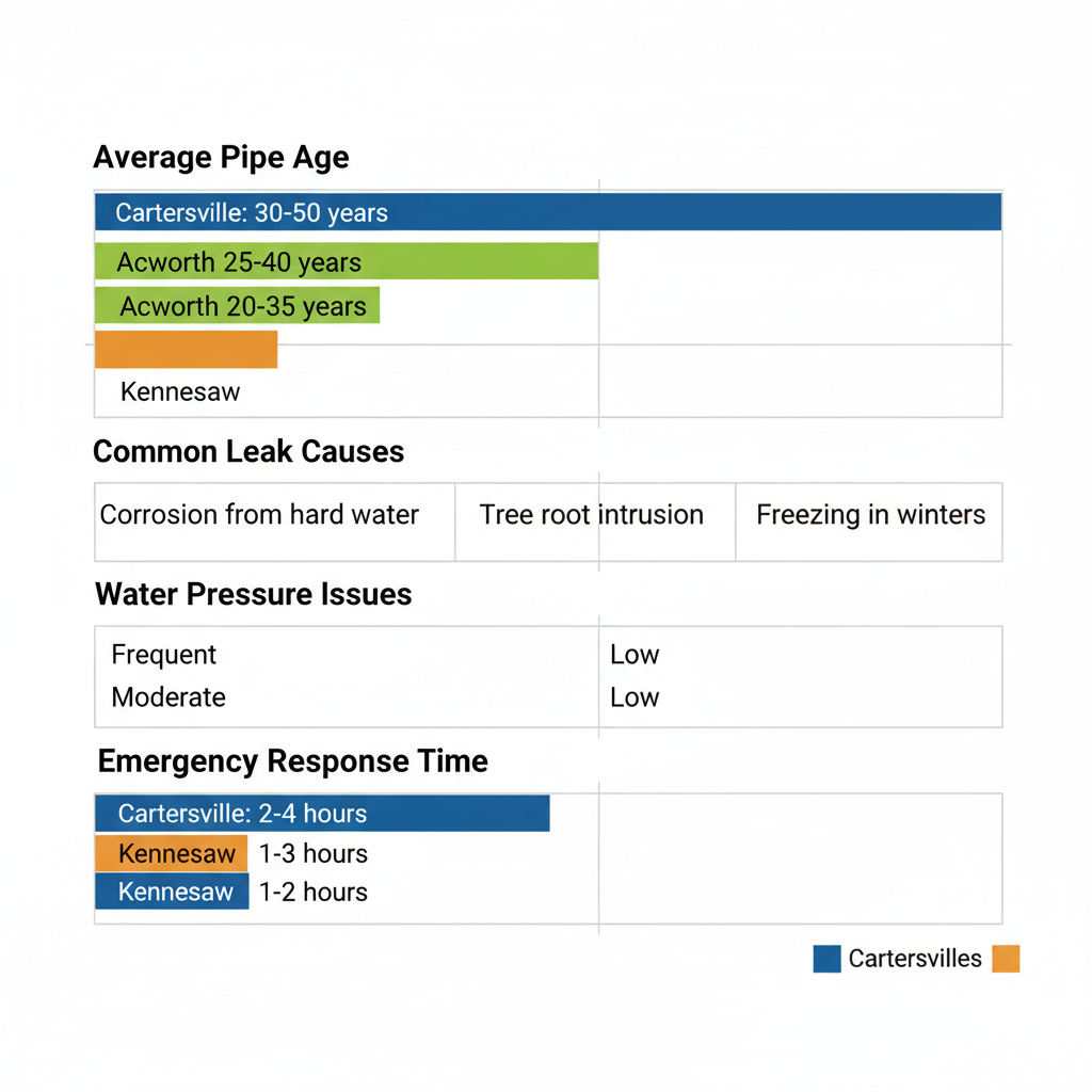 Horizontal bar chart comparing plumbing infrastructure metrics like pipe age, leak causes, pressure issues, and response times in Cartersville, Acworth, and Kennesaw