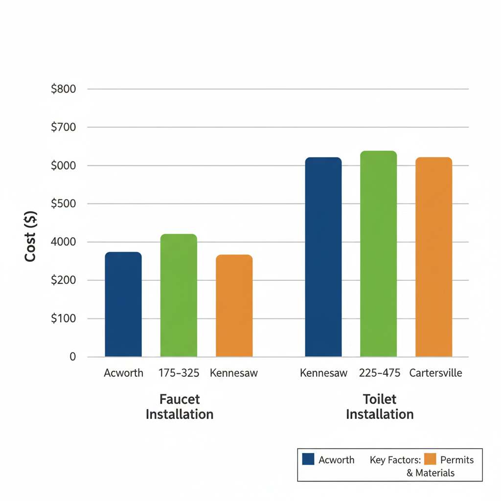 Bar chart comparing installation costs for faucets and toilets in Acworth, Kennesaw, and Cartersville, highlighting regional differences and factors like permits and materials.