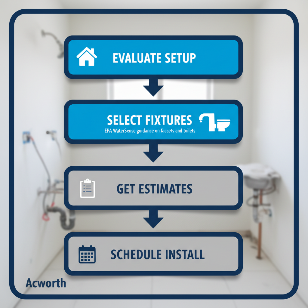 Vertical process flow diagram showing four steps for starting a bathroom fixture installation project in Acworth