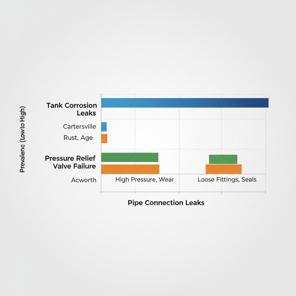 Horizontal bar chart comparing water heater issue prevalence across Cartersville, Acworth, and Kennesaw