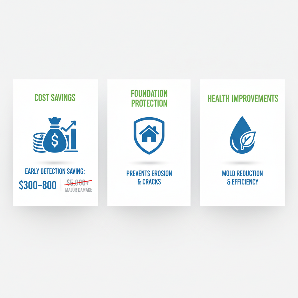 Infographic depicting benefits of professional water line repair including cost savings, foundation protection, and health improvements with icons and metrics