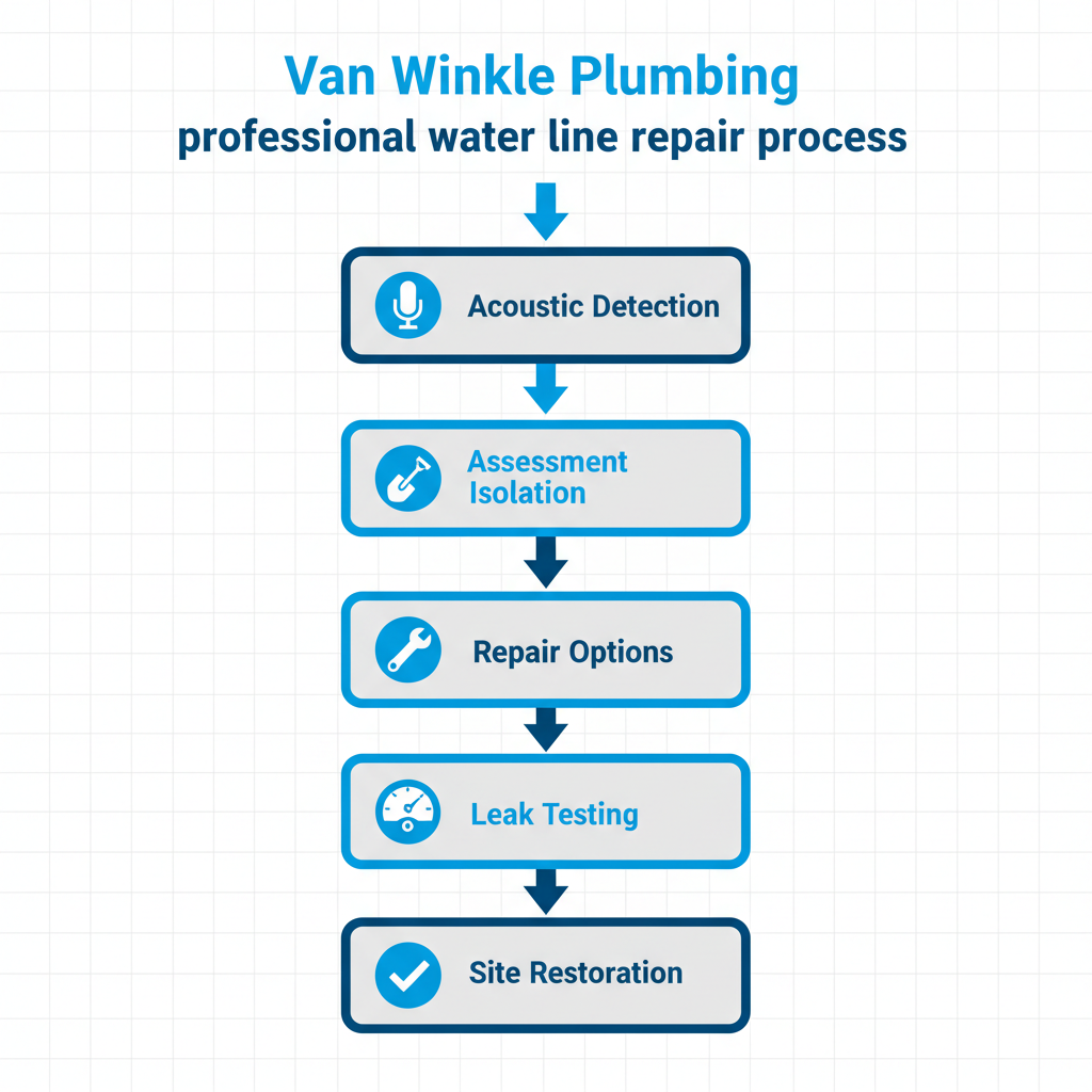 Vertical process flow diagram showing steps in professional water line repair: detection, assessment, repair, testing, and restoration.