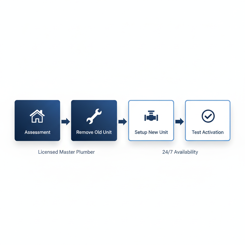 Horizontal process flow diagram showing four steps of professional water heater installation: assessment, removal, setup, and testing.