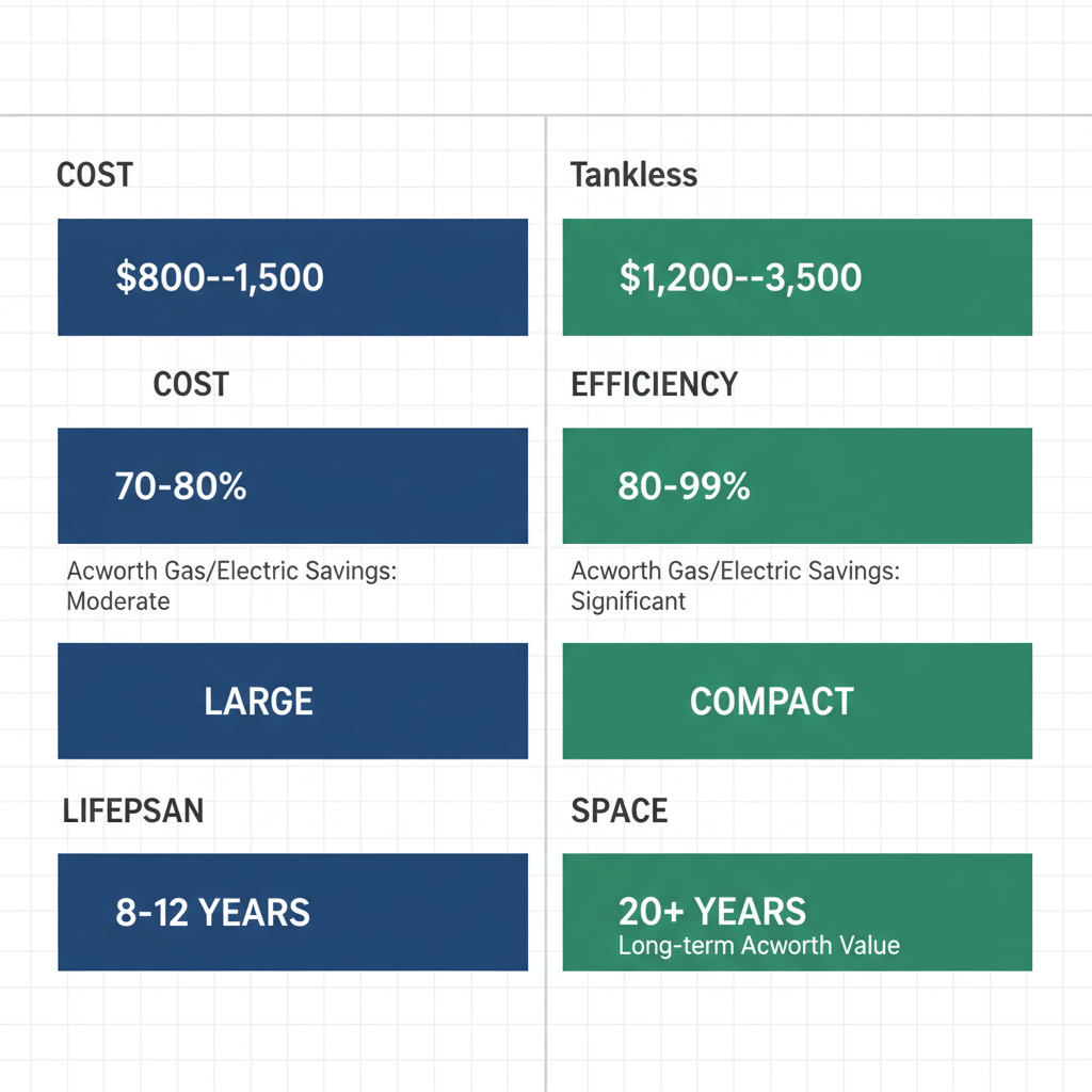 Bar chart comparing traditional tank and tankless water heaters on cost, efficiency, space, and lifespan for Acworth area.