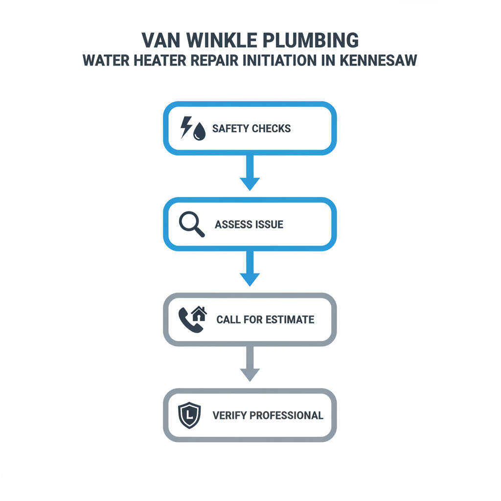Vertical process flow diagram illustrating five steps to initiate water heater repair in Kennesaw