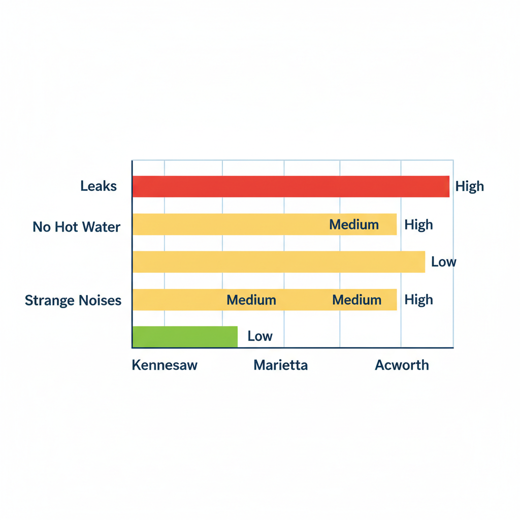 Horizontal bar chart comparing water heater issue prevalence in Kennesaw, Marietta, and Acworth, with color-coded bars for leaks, no hot water, and strange noises, including causes.