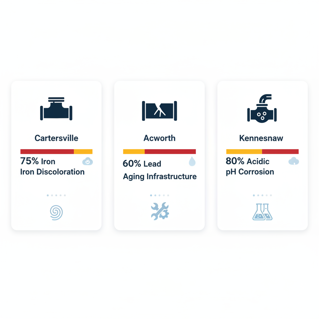 Infographic depicting water quality challenges in Cartersville, Acworth, and Kennesaw with icons, bars showing high and moderate issues from iron, chlorine, and corrosion.
