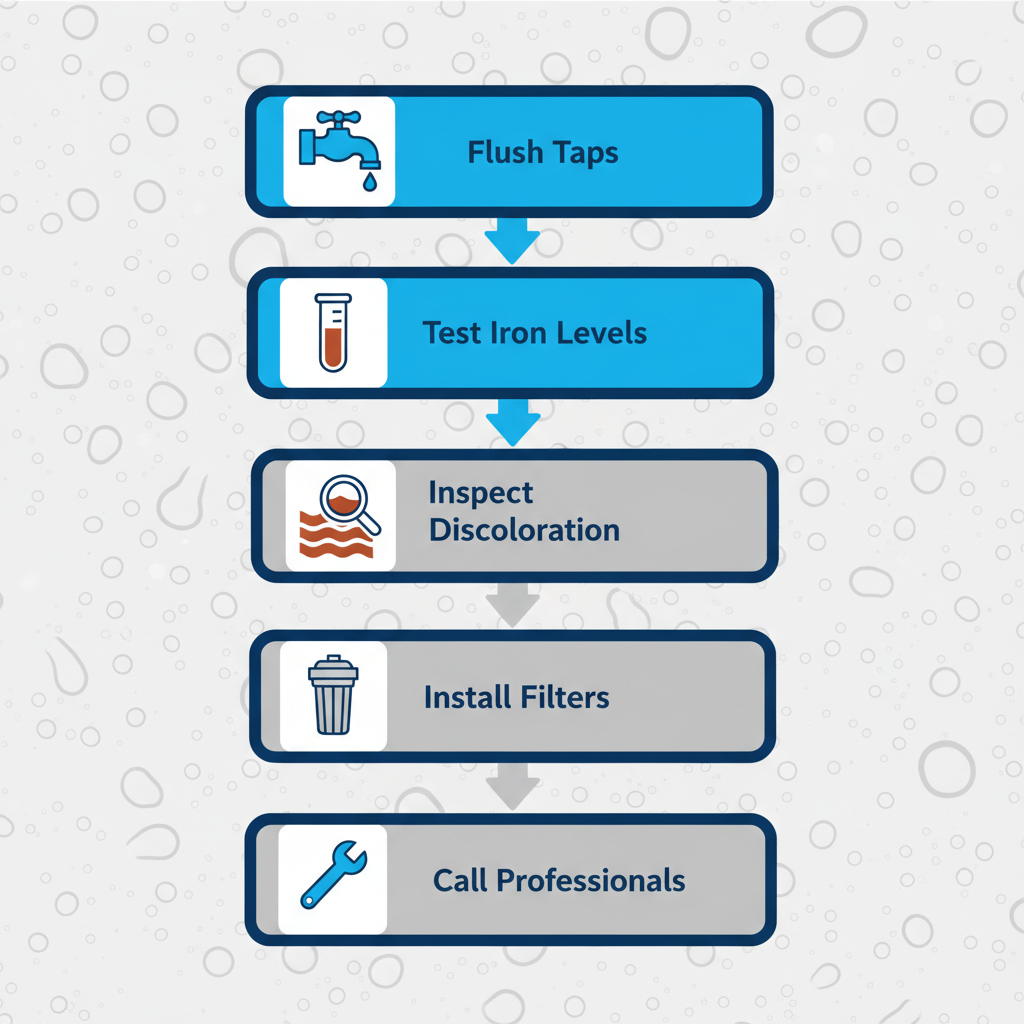 Vertical process flow diagram showing five steps to address rusty water issues with icons and arrows