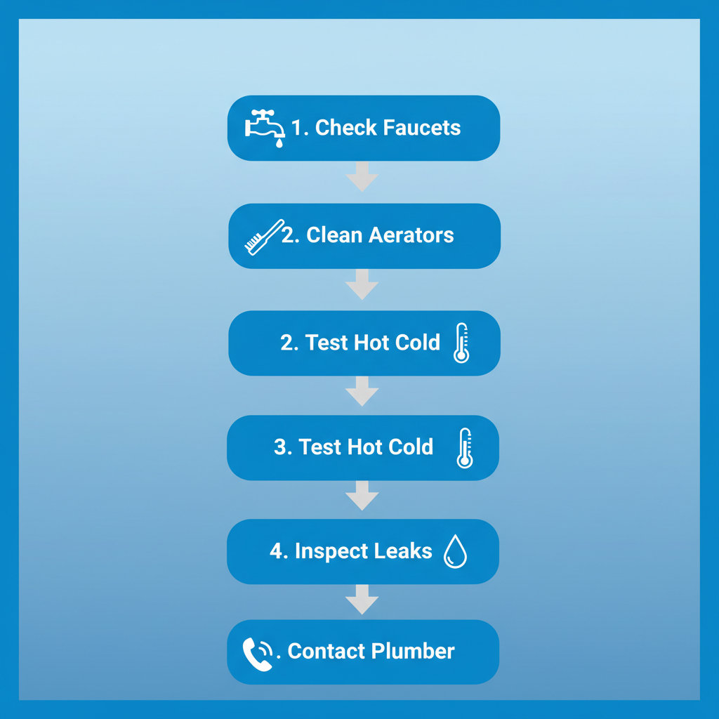Vertical process flow diagram showing five steps to troubleshoot low water pressure in home plumbing, including checking faucets, cleaning aerators, testing lines, inspecting leaks, and contacting a professional.