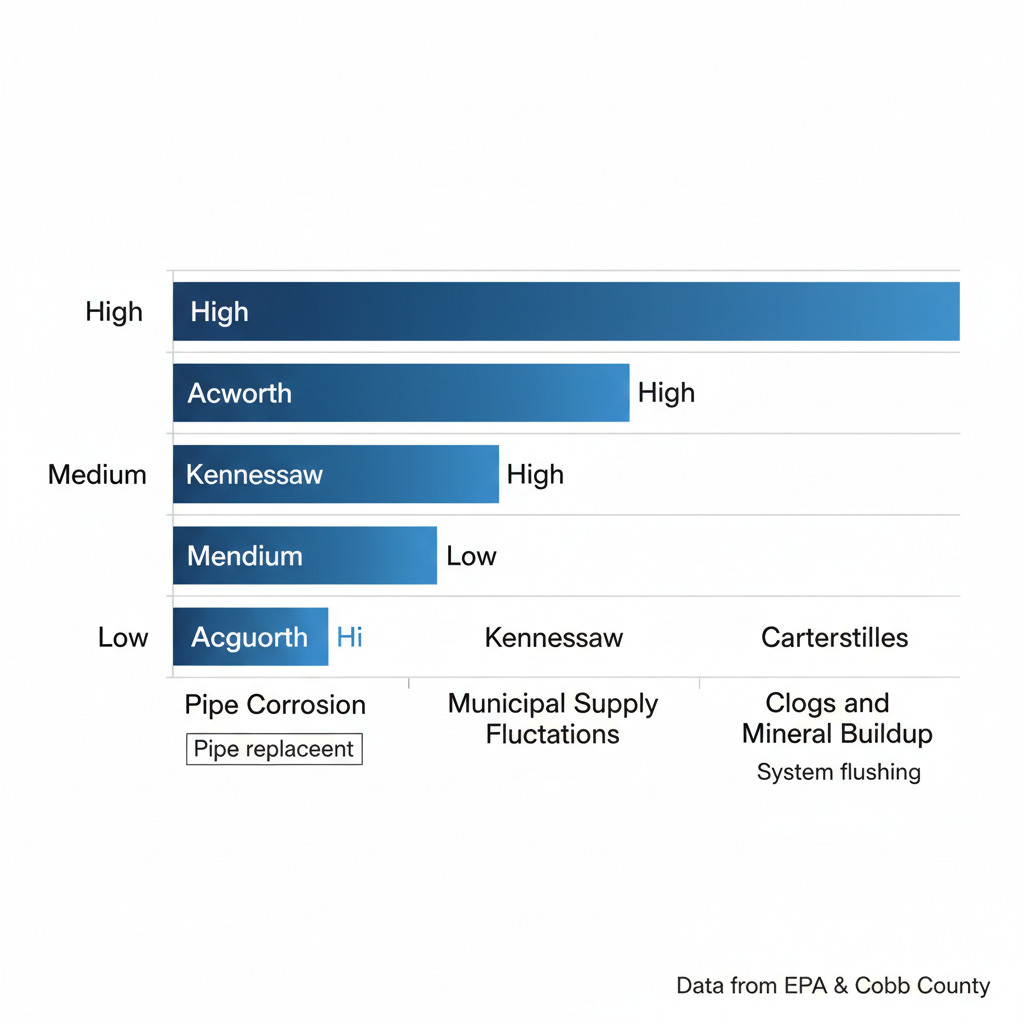Horizontal bar chart comparing frequency of water pressure issues like corrosion, supply fluctuations, and clogs in Acworth, Kennesaw, and Cartersville, with suggested fixes.