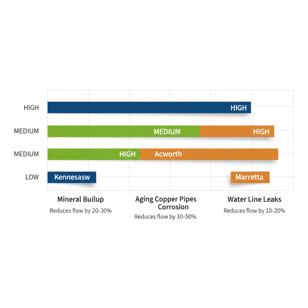 Bar chart comparing prevalence and impacts of low water pressure causes in Kennesaw, Acworth, and Marietta areas