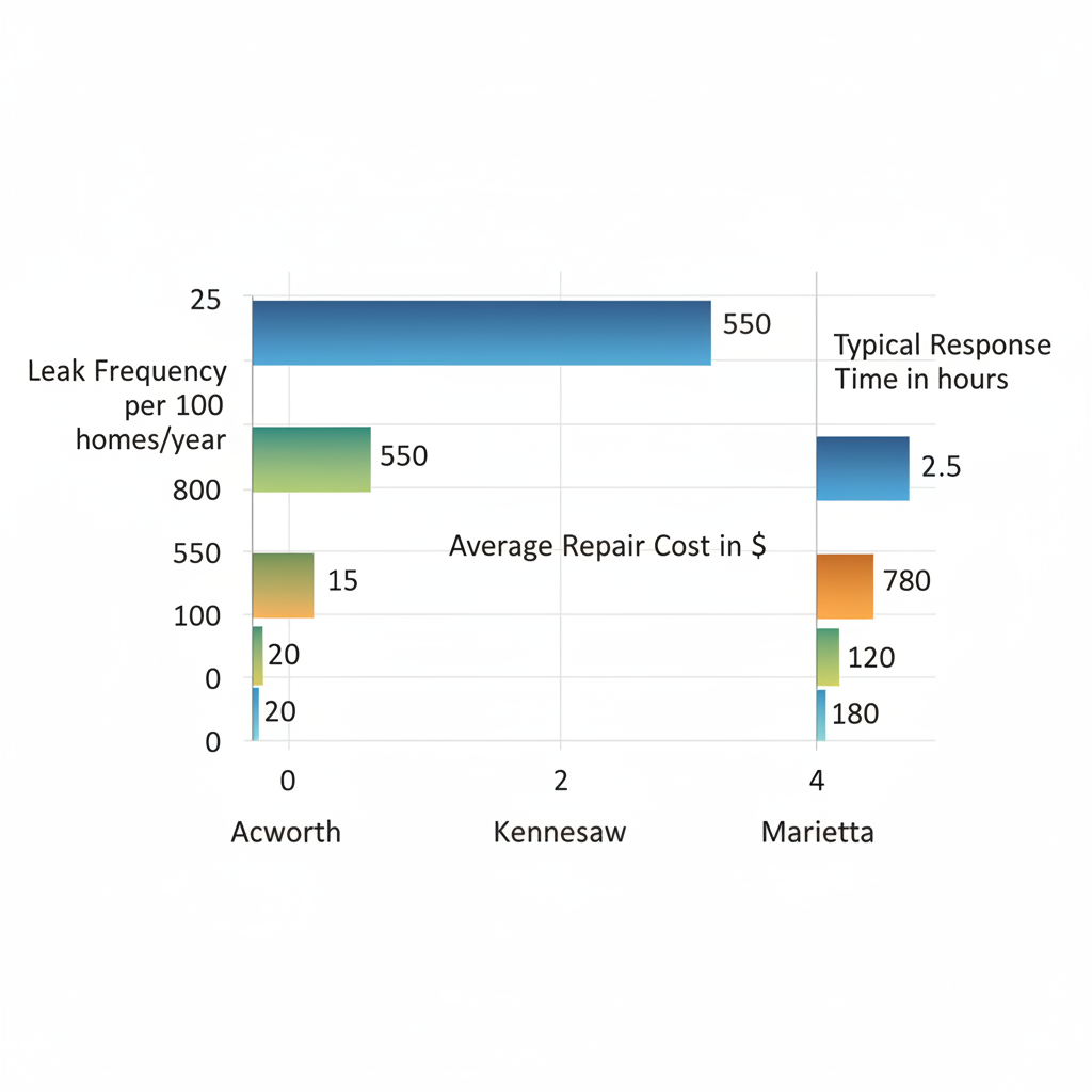 Horizontal bar chart comparing hot water leak frequency, repair costs, and response times in Acworth, Kennesaw, and Marietta.
