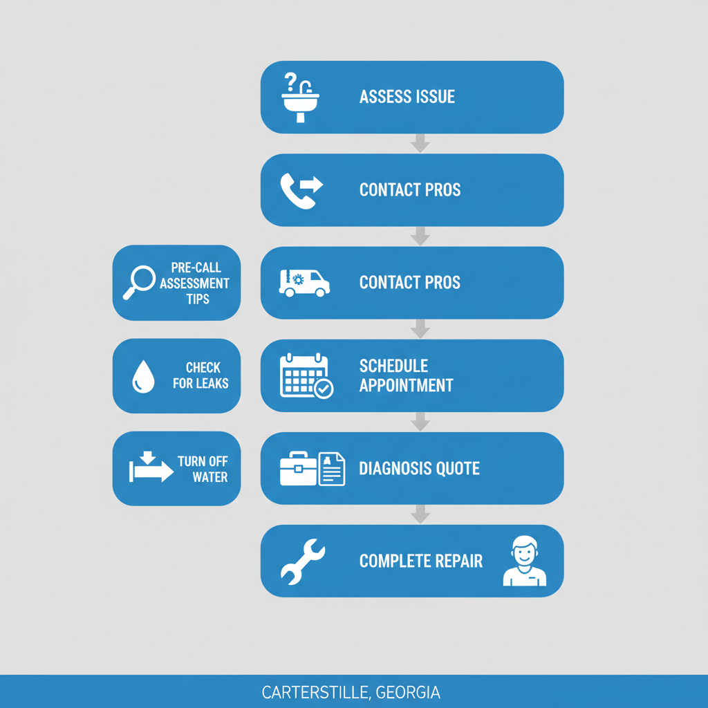 Vertical process flow illustrating five steps to secure plumbing help in Cartersville, Georgia, including assessment and repair stages with icons.