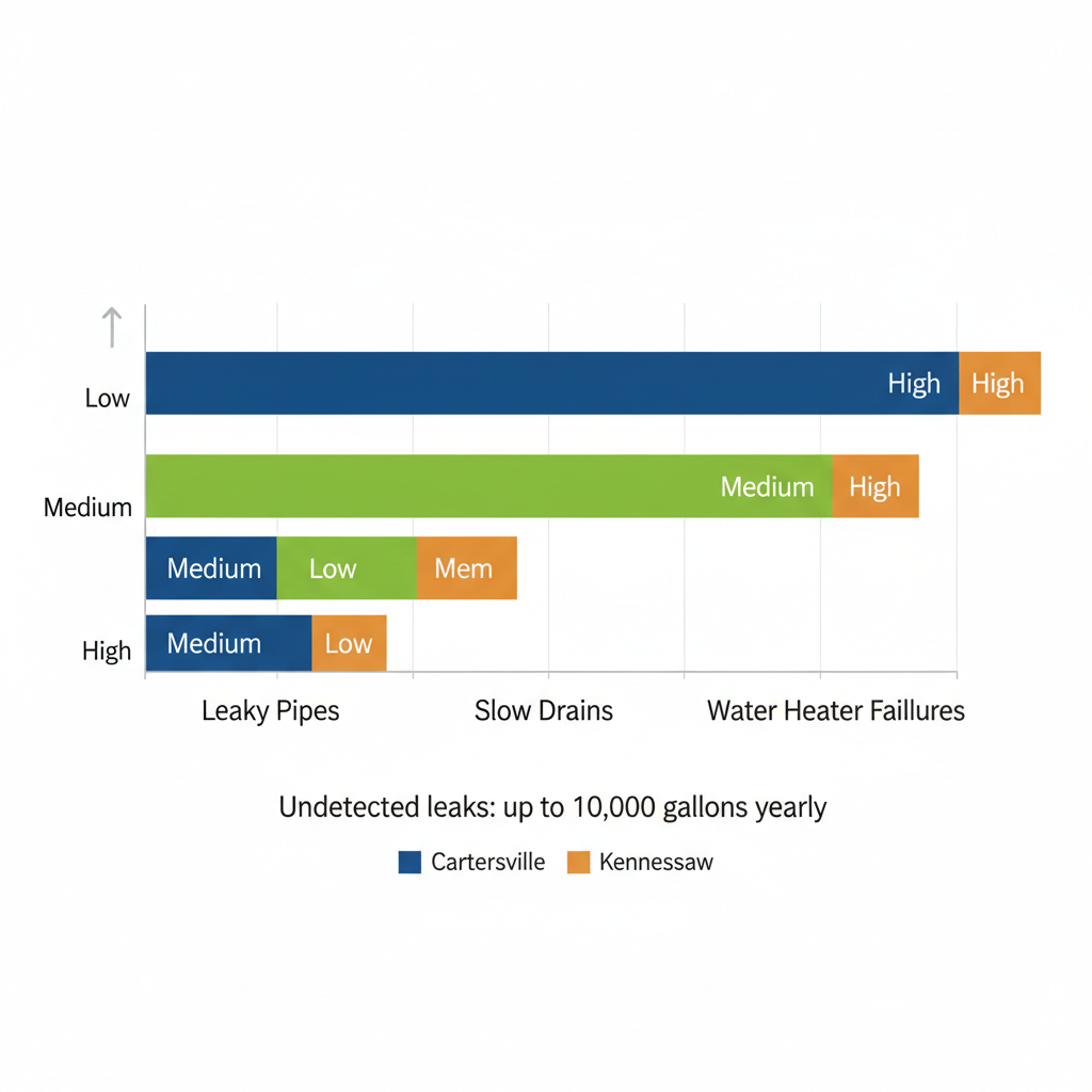 Horizontal bar chart comparing frequencies of plumbing issues like leaky pipes, slow drains, and water heater failures across Cartersville, Acworth, and Kennesaw.