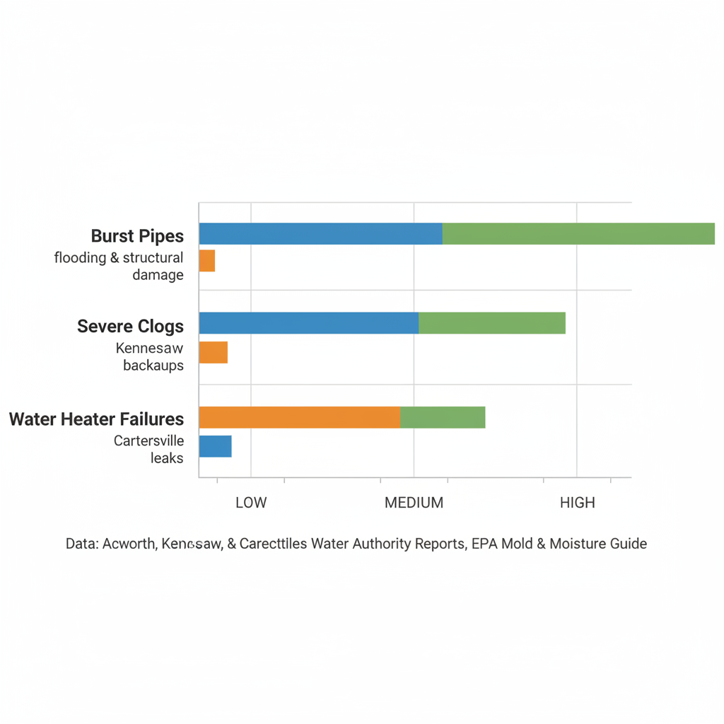 Horizontal bar chart comparing prevalence of plumbing emergencies like burst pipes, severe clogs, and water heater failures in Acworth, Kennesaw, and Cartersville with risk labels.