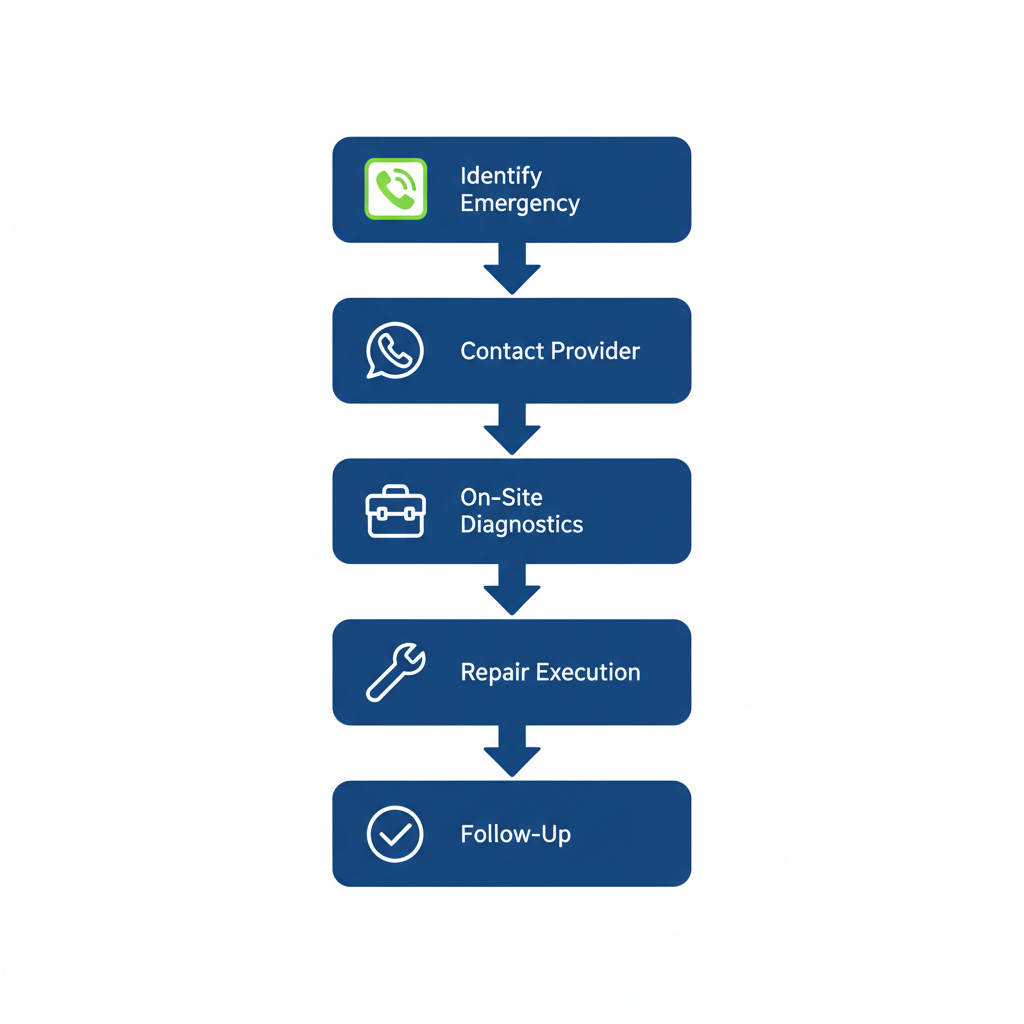 Vertical process flow diagram illustrating five steps for initiating emergency plumbing services in Acworth: identify emergency, contact provider, on-site diagnostics, repair execution, and follow-up.