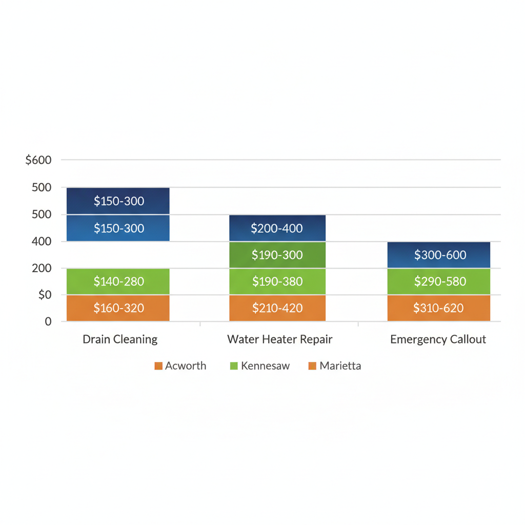 Horizontal bar chart comparing average costs for drain cleaning, water heater repair, and emergency callouts in Acworth (blue), Kennesaw (green), and Marietta (orange), with specific dollar ranges labeled on bars.