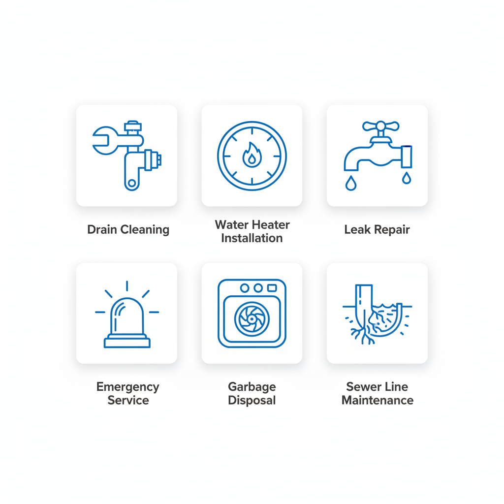 Grid of six icons depicting common plumbing services like drain cleaning, water heater installation, leak repair, emergency service, garbage disposal, and sewer maintenance.