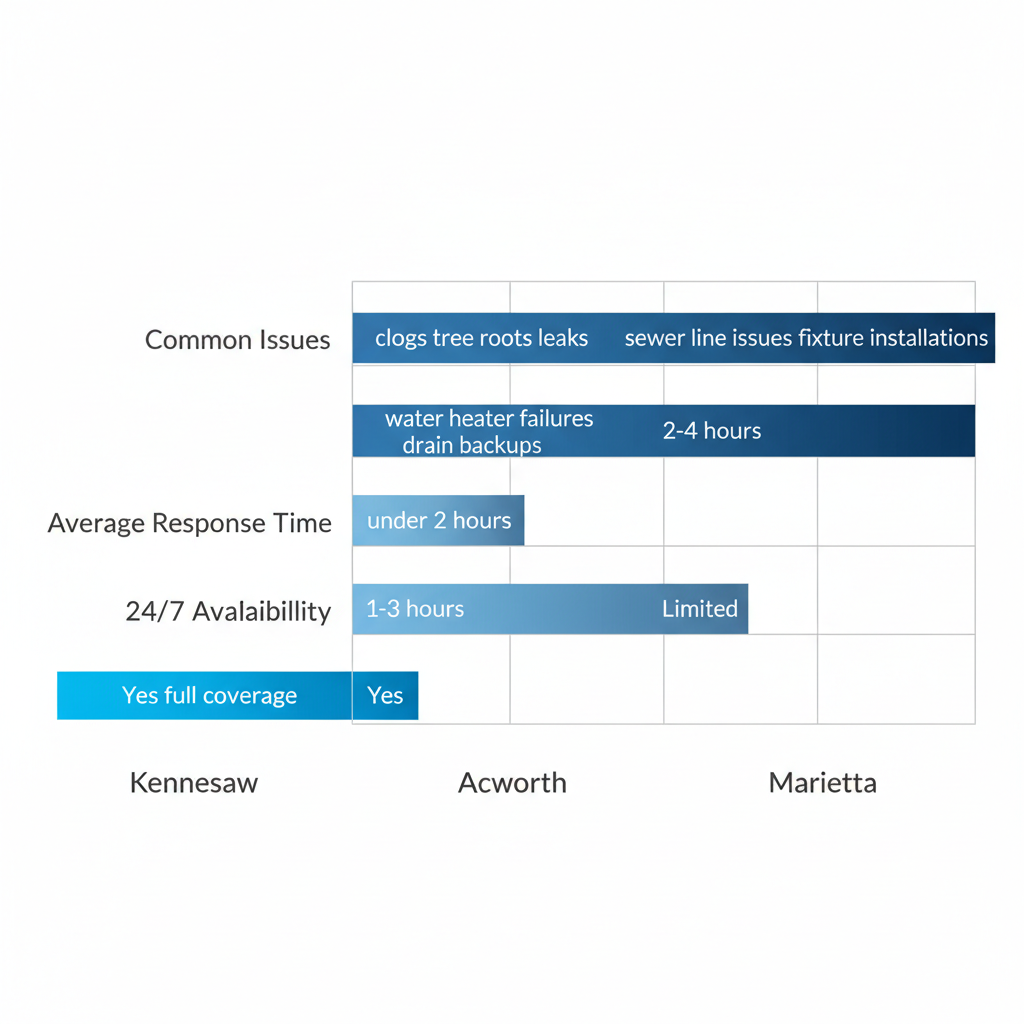 Horizontal bar chart comparing plumbing common issues, average response times, and 24/7 availability in Kennesaw, Acworth, and Marietta