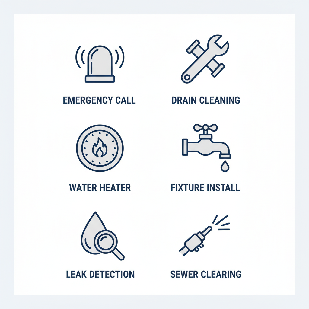 Grid of six outline icons depicting common plumbing services including emergency response, drain cleaning, water heater repair, fixture installation, leak detection, and sewer clearing.