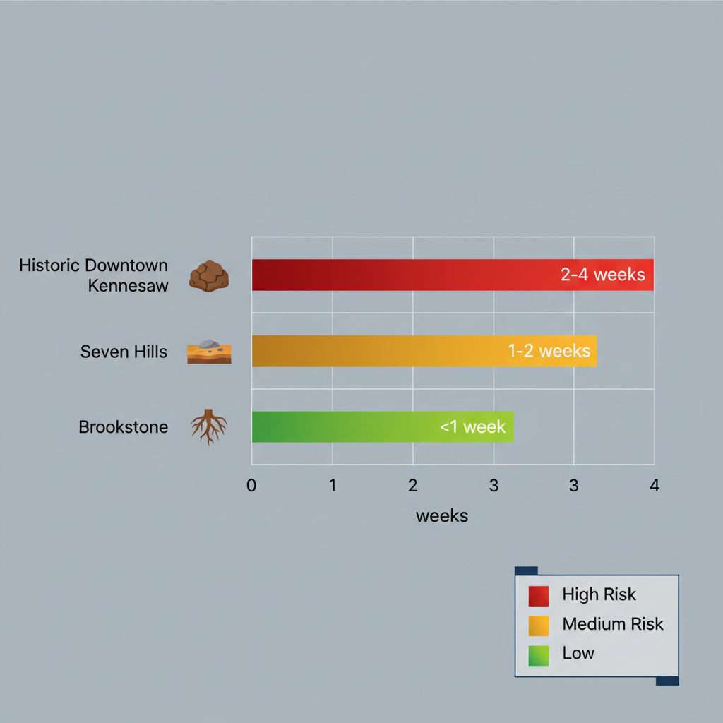 Bar chart comparing hot water leak detection times across Kennesaw neighborhoods with icons for soil conditions